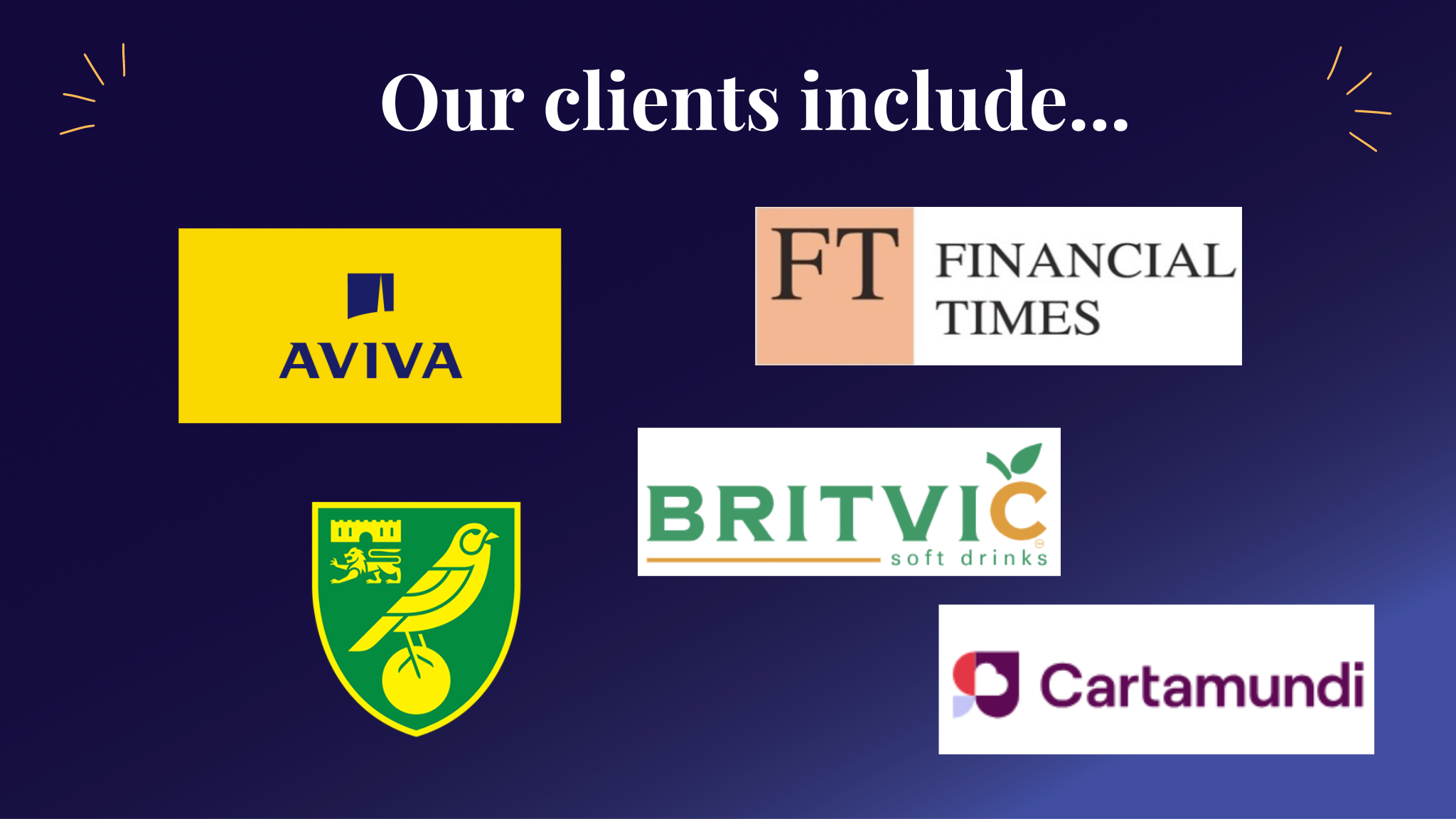 Logos of clients Aviva Britvic Financial Times Norwich Football Club Cartamundi
